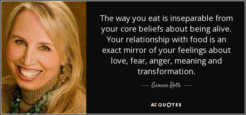The way you eat is inseparable from your core beliefs about being alive. Your relationship with food is an exact mirror of your feelings about love, fear, anger, meaning and transformation. - Geneen Roth