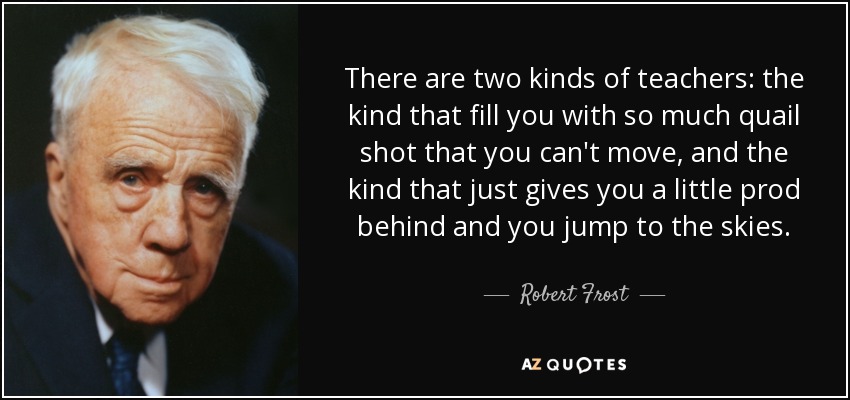 There are two kinds of teachers: the kind that fill you with so much quail shot that you can't move, and the kind that just gives you a little prod behind and you jump to the skies. - Robert Frost