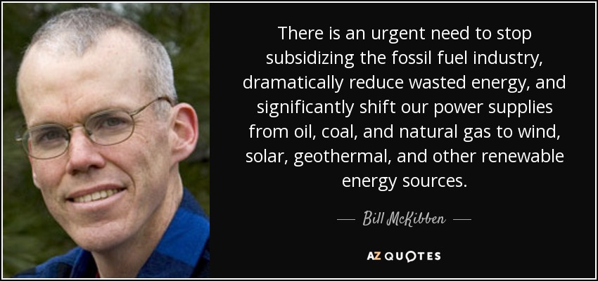 There is an urgent need to stop subsidizing the fossil fuel industry, dramatically reduce wasted energy, and significantly shift our power supplies from oil, coal, and natural gas to wind, solar, geothermal, and other renewable energy sources. - Bill McKibben