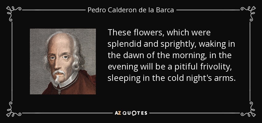These flowers, which were splendid and sprightly, waking in the dawn of the morning, in the evening will be a pitiful frivolity, sleeping in the cold night's arms. - Pedro Calderon de la Barca