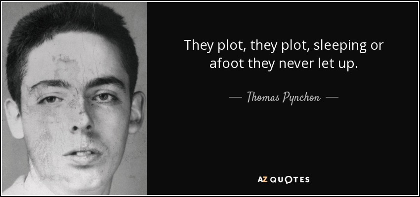 They plot, they plot, sleeping or afoot they never let up. - Thomas Pynchon