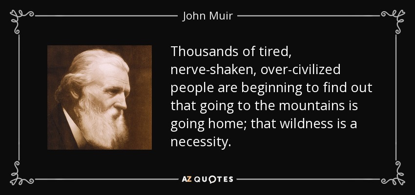 Miles de personas cansadas, nerviosas y demasiado civilizadas empiezan a descubrir que ir a la montaña es volver a casa; que la naturaleza salvaje es una necesidad. - John Muir