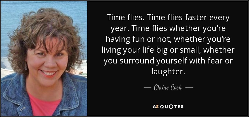 Time flies. Time flies faster every year. Time flies whether you're having fun or not, whether you're living your life big or small, whether you surround yourself with fear or laughter. - Claire Cook