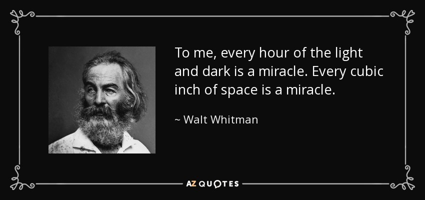 To me, every hour of the light and dark is a miracle. Every cubic inch of space is a miracle. - Walt Whitman