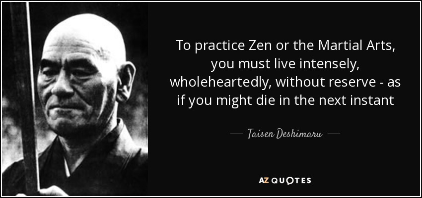 To practice Zen or the Martial Arts, you must live intensely, wholeheartedly, without reserve - as if you might die in the next instant - Taisen Deshimaru