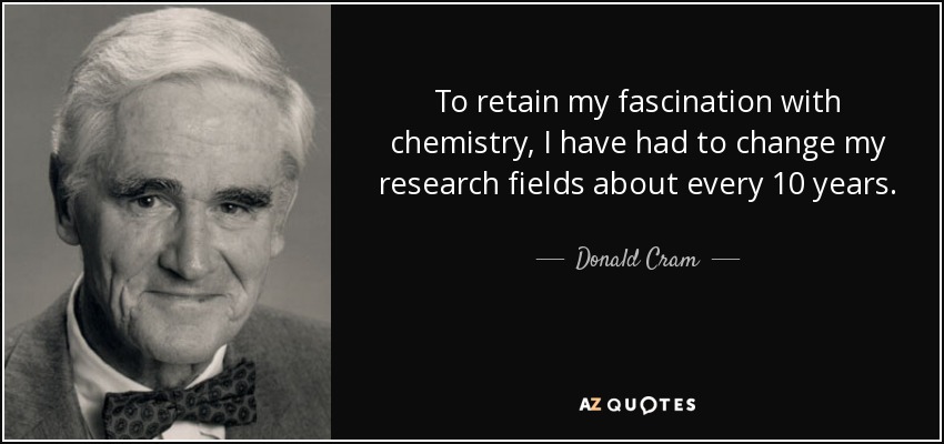 To retain my fascination with chemistry, I have had to change my research fields about every 10 years. - Donald Cram