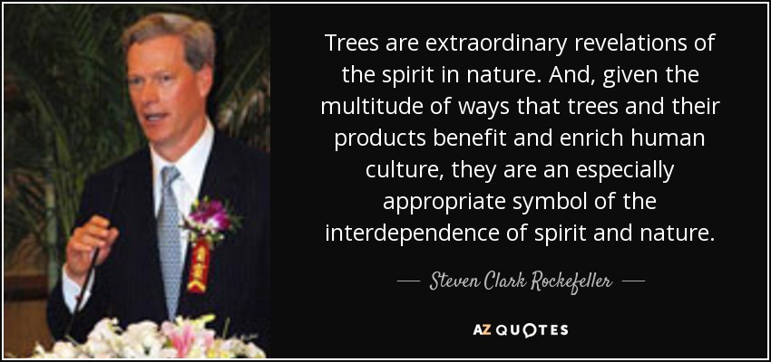 Trees are extraordinary revelations of the spirit in nature. And, given the multitude of ways that trees and their products benefit and enrich human culture, they are an especially appropriate symbol of the interdependence of spirit and nature. - Steven Clark Rockefeller