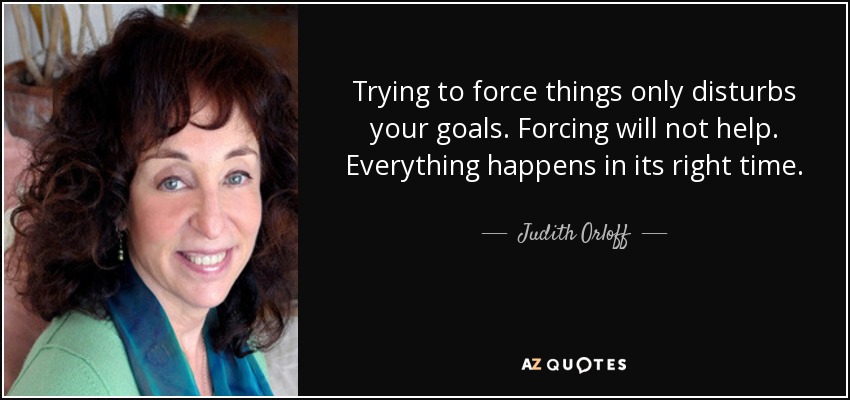 Trying to force things only disturbs your goals. Forcing will not help. Everything happens in its right time. - Judith Orloff
