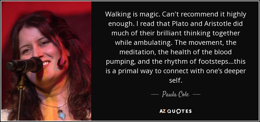 Caminar es mágico. No puedo recomendarlo lo suficiente. Leí que Plato y Aristotle hicieron gran parte de su brillante pensamiento juntos mientras deambulaban. El movimiento, la meditación, la salud del bombeo sanguíneo y el ritmo de los pasos... es una forma primordial de conectar con nuestro yo más profundo. - Paula Cole