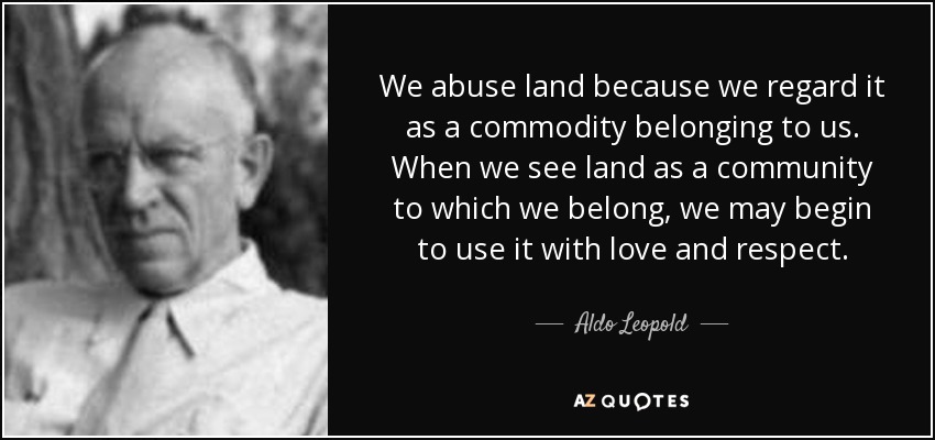 We abuse land because we regard it as a commodity belonging to us. When we see land as a community to which we belong, we may begin to use it with love and respect. - Aldo Leopold