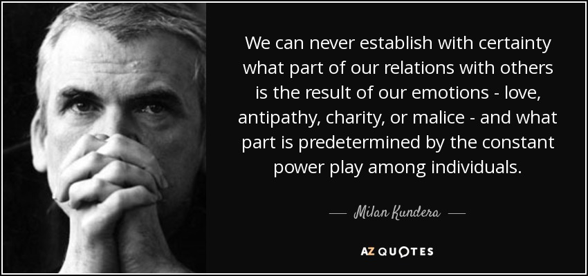 We can never establish with certainty what part of our relations with others is the result of our emotions - love, antipathy, charity, or malice - and what part is predetermined by the constant power play among individuals. - Milan Kundera