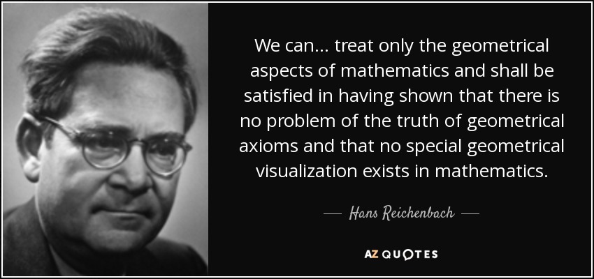 We can... treat only the geometrical aspects of mathematics and shall be satisfied in having shown that there is no problem of the truth of geometrical axioms and that no special geometrical visualization exists in mathematics. - Hans Reichenbach