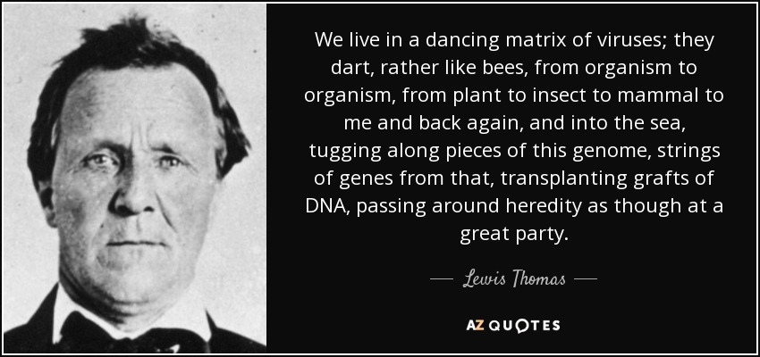 We live in a dancing matrix of viruses; they dart, rather like bees, from organism to organism, from plant to insect to mammal to me and back again, and into the sea, tugging along pieces of this genome, strings of genes from that, transplanting grafts of DNA, passing around heredity as though at a great party. - Lewis Thomas
