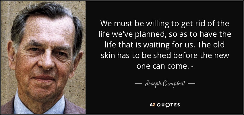 We must be willing to get rid of the life we've planned, so as to have the life that is waiting for us. The old skin has to be shed before the new one can come. - - Joseph Campbell