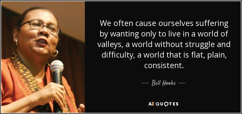 We often cause ourselves suffering by wanting only to live in a world of valleys, a world without struggle and difficulty, a world that is flat, plain, consistent. - Bell Hooks