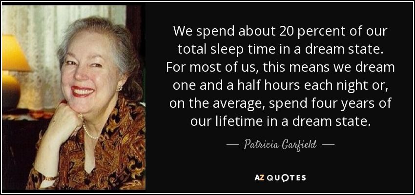 We spend about 20 percent of our total sleep time in a dream state. For most of us, this means we dream one and a half hours each night or, on the average, spend four years of our lifetime in a dream state. - Patricia Garfield