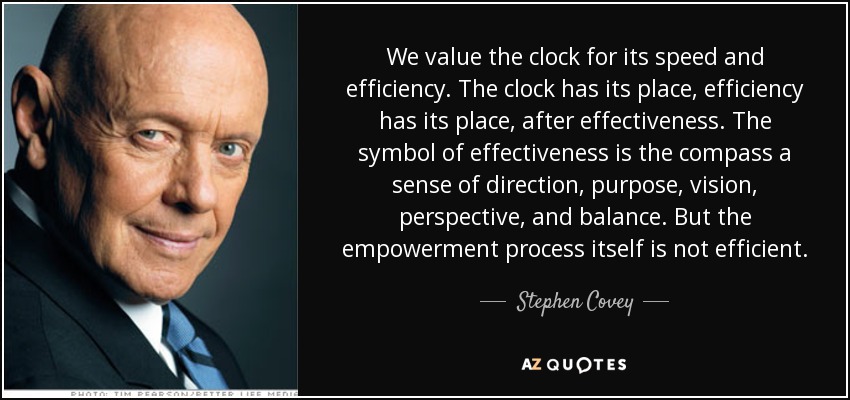 We value the clock for its speed and efficiency. The clock has its place, efficiency has its place, after effectiveness. The symbol of effectiveness is the compass a sense of direction, purpose, vision, perspective, and balance. But the empowerment process itself is not efficient. - Stephen Covey