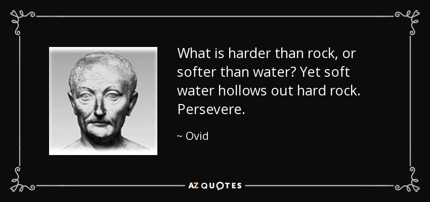 What is harder than rock, or softer than water? Yet soft water hollows out hard rock. Persevere. - Ovid