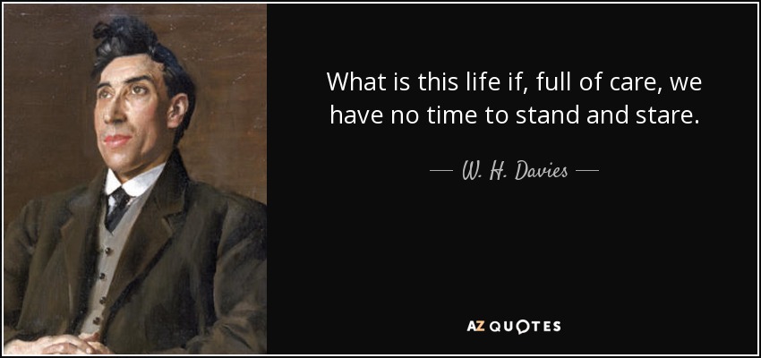 What is this life if, full of care, we have no time to stand and stare. - W. H. Davies