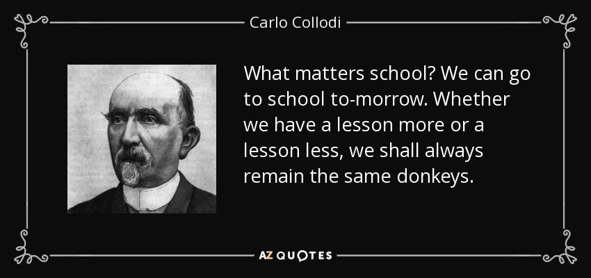 What matters school? We can go to school to-morrow. Whether we have a lesson more or a lesson less, we shall always remain the same donkeys. - Carlo Collodi