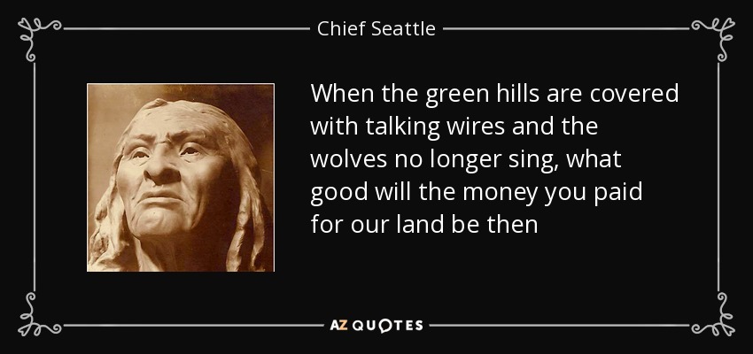 When the green hills are covered with talking wires and the wolves no longer sing, what good will the money you paid for our land be then - Chief Seattle
