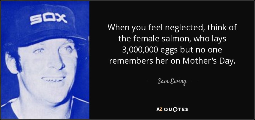 When you feel neglected, think of the female salmon, who lays 3,000,000 eggs but no one remembers her on Mother's Day. - Sam Ewing