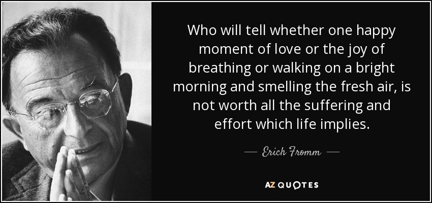 Who will tell whether one happy moment of love or the joy of breathing or walking on a bright morning and smelling the fresh air, is not worth all the suffering and effort which life implies. - Erich Fromm