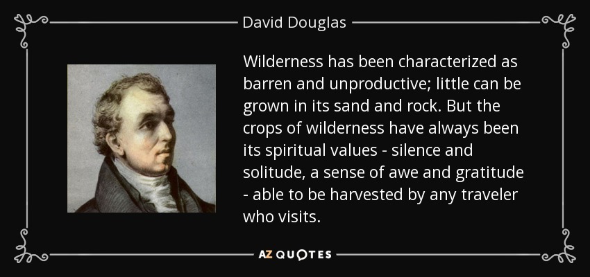 Wilderness has been characterized as barren and unproductive; little can be grown in its sand and rock. But the crops of wilderness have always been its spiritual values - silence and solitude, a sense of awe and gratitude - able to be harvested by any traveler who visits. - David Douglas