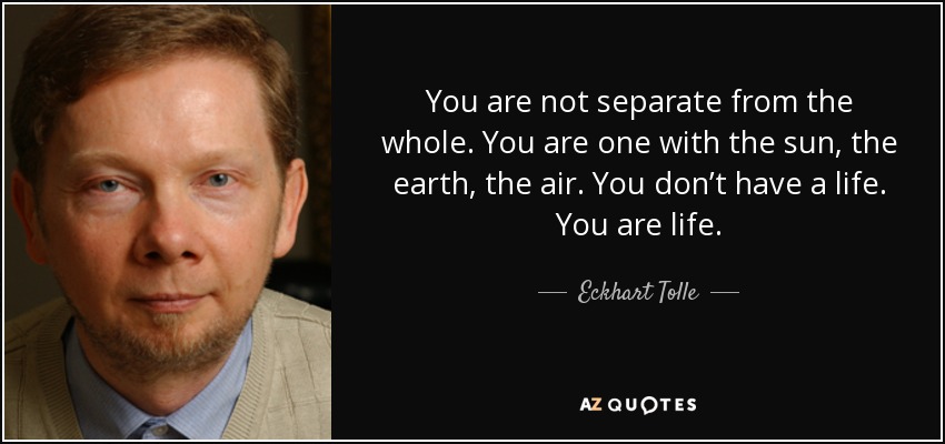 No estás separado del todo. Eres uno con el sol, la tierra, el aire. No tienes vida. Eres vida. - Eckhart Tolle