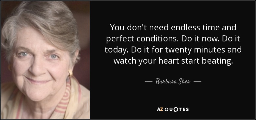 You don't need endless time and perfect conditions. Do it now. Do it today. Do it for twenty minutes and watch your heart start beating. - Barbara Sher