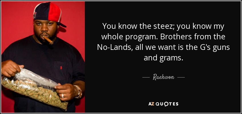 You know the steez; you know my whole program. Brothers from the No-Lands, all we want is the G's guns and grams. - Raekwon