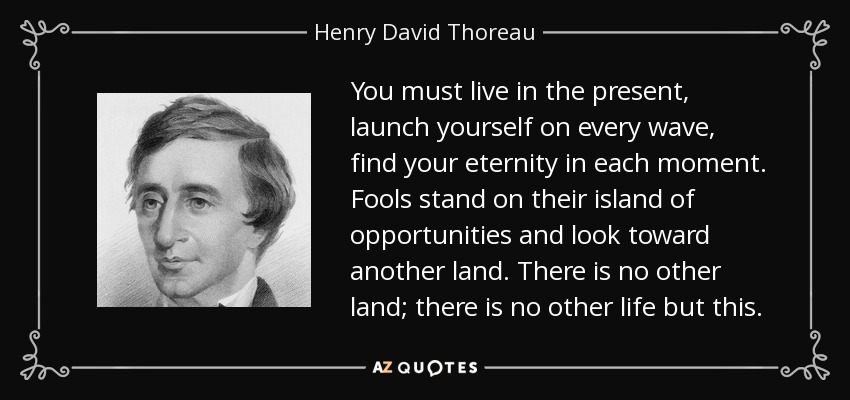 You must live in the present, launch yourself on every wave, find your eternity in each moment. Fools stand on their island of opportunities and look toward another land. There is no other land; there is no other life but this. - Henry David Thoreau