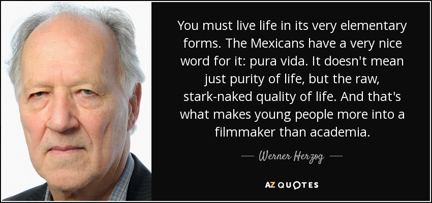 Hay que vivir la vida en sus formas más elementales. Los mexicanos tienen una palabra muy bonita para eso: pura vida. No significa sólo pureza de vida, sino la calidad cruda y desnuda de la vida. Y eso es lo que hace que a los jóvenes les guste más el cine que la academia. - Werner Herzog