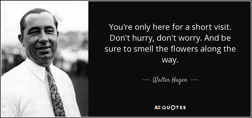 Sólo estás aquí para una corta visita. No tengas prisa, no te preocupes. Y asegúrate de oler las flores a lo largo del camino. - Walter Hagen