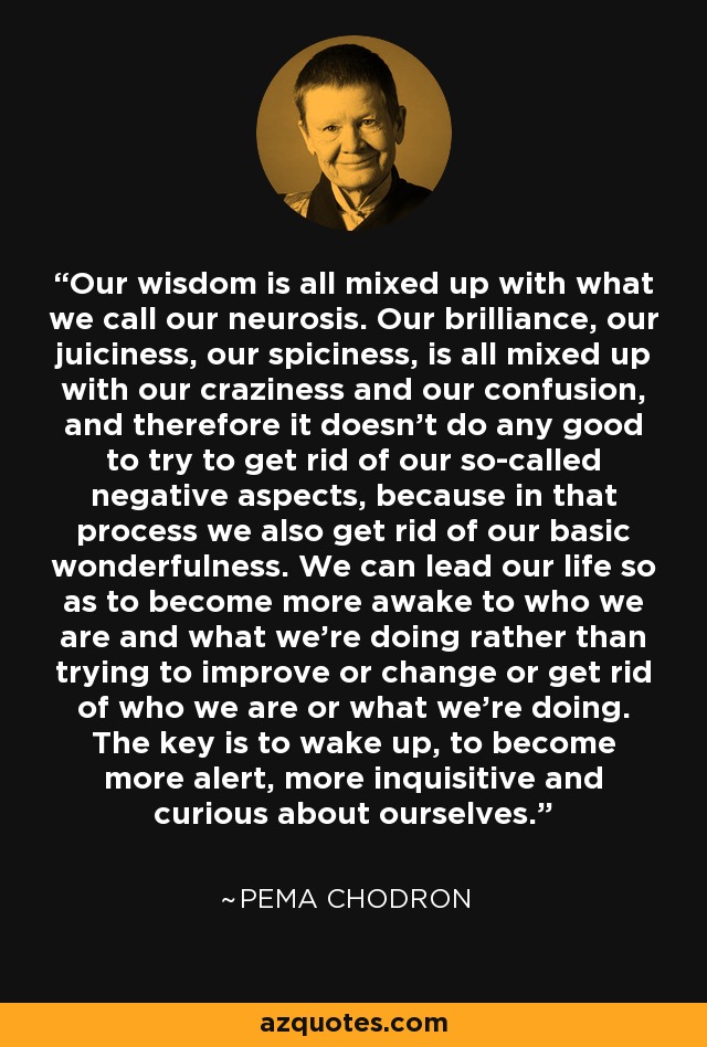Our wisdom is all mixed up with what we call our neurosis. Our brilliance, our juiciness, our spiciness, is all mixed up with our craziness and our confusion, and therefore it doesn’t do any good to try to get rid of our so-called negative aspects, because in that process we also get rid of our basic wonderfulness. We can lead our life so as to become more awake to who we are and what we’re doing rather than trying to improve or change or get rid of who we are or what we’re doing. The key is to wake up, to become more alert, more inquisitive and curious about ourselves. - Pema Chodron