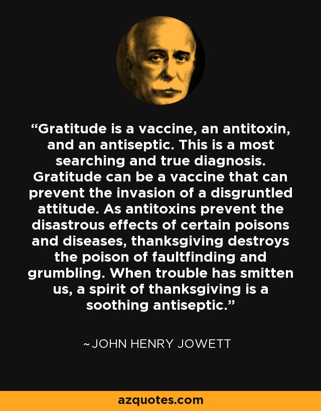 Gratitude is a vaccine, an antitoxin, and an antiseptic. This is a most searching and true diagnosis. Gratitude can be a vaccine that can prevent the invasion of a disgruntled attitude. As antitoxins prevent the disastrous effects of certain poisons and diseases, thanksgiving destroys the poison of faultfinding and grumbling. When trouble has smitten us, a spirit of thanksgiving is a soothing antiseptic. - John Henry Jowett