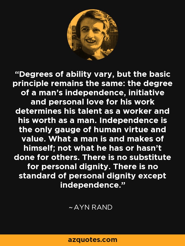 Degrees of ability vary, but the basic principle remains the same: the degree of a man's independence, initiative and personal love for his work determines his talent as a worker and his worth as a man. Independence is the only gauge of human virtue and value. What a man is and makes of himself; not what he has or hasn't done for others. There is no substitute for personal dignity. There is no standard of personal dignity except independence. - Ayn Rand