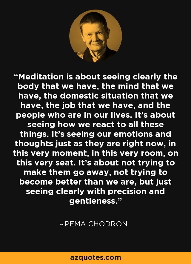 Meditation is about seeing clearly the body that we have, the mind that we have, the domestic situation that we have, the job that we have, and the people who are in our lives. It's about seeing how we react to all these things. It's seeing our emotions and thoughts just as they are right now, in this very moment, in this very room, on this very seat. It's about not trying to make them go away, not trying to become better than we are, but just seeing clearly with precision and gentleness. - Pema Chodron