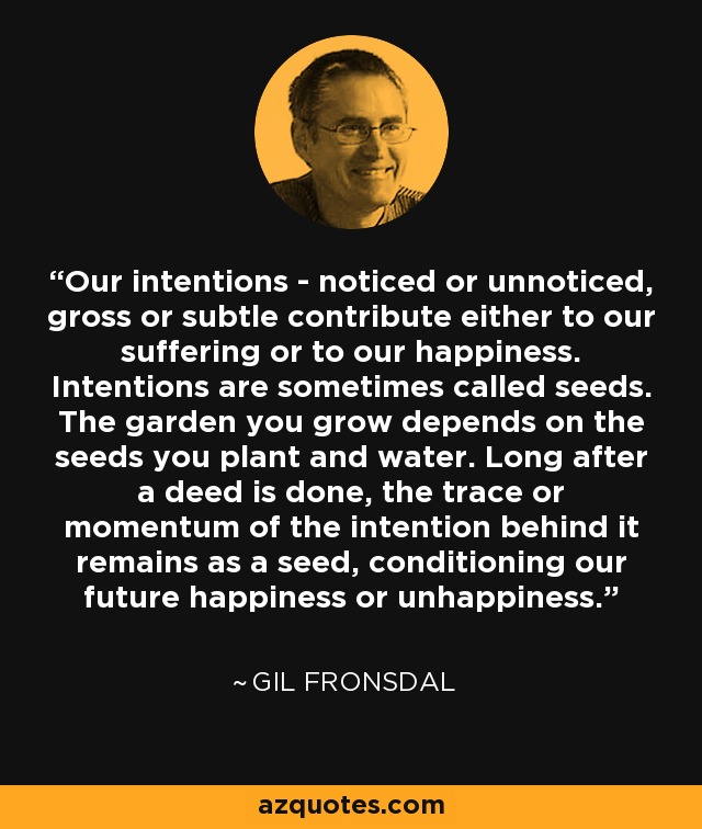 Our intentions - noticed or unnoticed, gross or subtle contribute either to our suffering or to our happiness. Intentions are sometimes called seeds. The garden you grow depends on the seeds you plant and water. Long after a deed is done, the trace or momentum of the intention behind it remains as a seed, conditioning our future happiness or unhappiness. - Gil Fronsdal