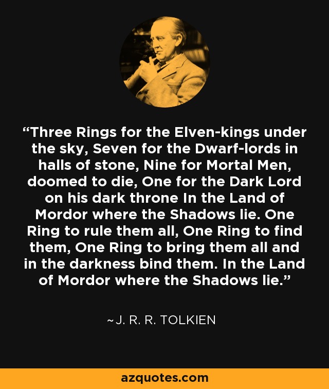 Three Rings for the Elven-kings under the sky, Seven for the Dwarf-lords in halls of stone, Nine for Mortal Men, doomed to die, One for the Dark Lord on his dark throne In the Land of Mordor where the Shadows lie. One Ring to rule them all, One Ring to find them, One Ring to bring them all and in the darkness bind them. In the Land of Mordor where the Shadows lie. - J. R. R. Tolkien