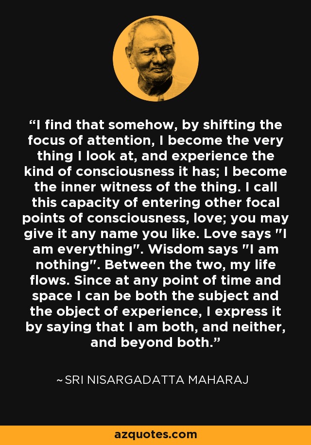 I find that somehow, by shifting the focus of attention, I become the very thing I look at, and experience the kind of consciousness it has; I become the inner witness of the thing. I call this capacity of entering other focal points of consciousness, love; you may give it any name you like. Love says 