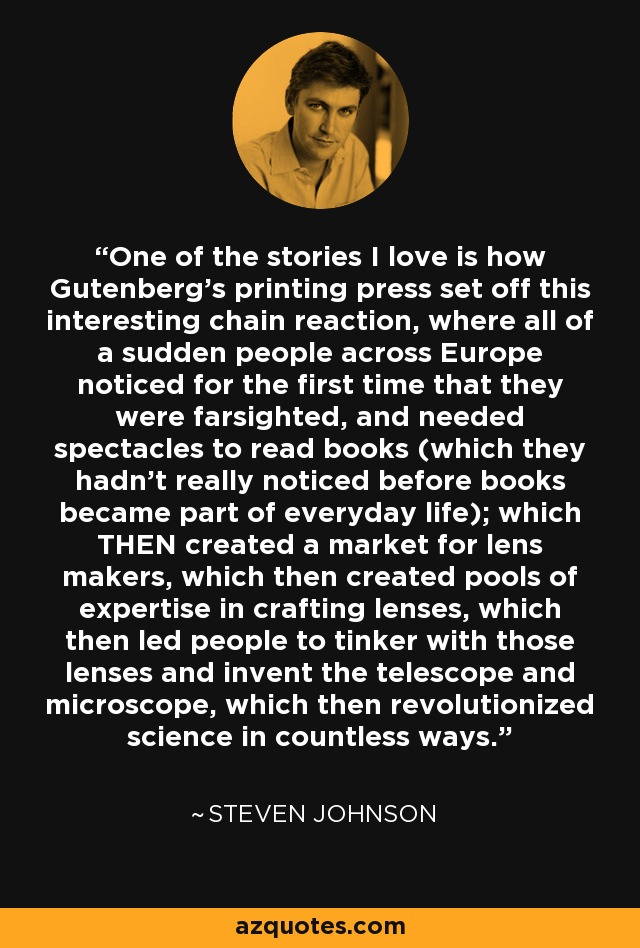 One of the stories I love is how Gutenberg’s printing press set off this interesting chain reaction, where all of a sudden people across Europe noticed for the first time that they were farsighted, and needed spectacles to read books (which they hadn’t really noticed before books became part of everyday life); which THEN created a market for lens makers, which then created pools of expertise in crafting lenses, which then led people to tinker with those lenses and invent the telescope and microscope, which then revolutionized science in countless ways. - Steven Johnson