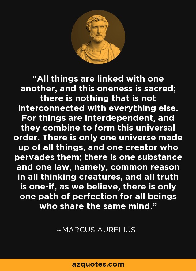All things are linked with one another, and this oneness is sacred; there is nothing that is not interconnected with everything else. For things are interdependent, and they combine to form this universal order. There is only one universe made up of all things, and one creator who pervades them; there is one substance and one law, namely, common reason in all thinking creatures, and all truth is one-if, as we believe, there is only one path of perfection for all beings who share the same mind. - Marcus Aurelius