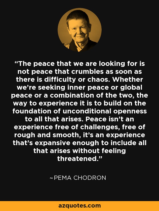 The peace that we are looking for is not peace that crumbles as soon as there is difficulty or chaos. Whether we’re seeking inner peace or global peace or a combination of the two, the way to experience it is to build on the foundation of unconditional openness to all that arises. Peace isn’t an experience free of challenges, free of rough and smooth, it’s an experience that’s expansive enough to include all that arises without feeling threatened. - Pema Chodron