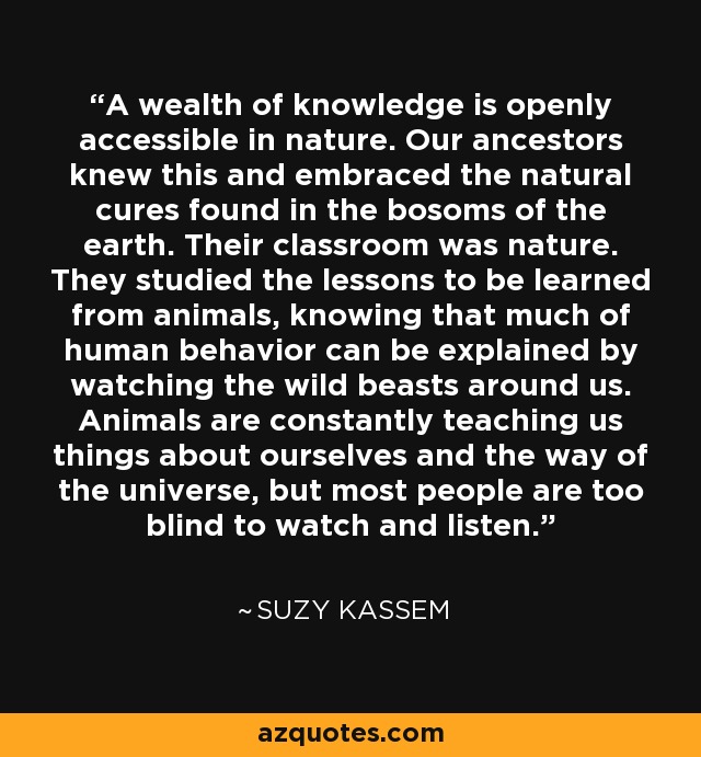 A wealth of knowledge is openly accessible in nature. Our ancestors knew this and embraced the natural cures found in the bosoms of the earth. Their classroom was nature. They studied the lessons to be learned from animals, knowing that much of human behavior can be explained by watching the wild beasts around us. Animals are constantly teaching us things about ourselves and the way of the universe, but most people are too blind to watch and listen. - Suzy Kassem