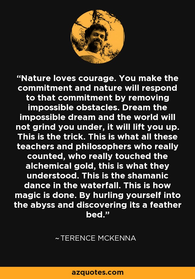 Nature loves courage. You make the commitment and nature will respond to that commitment by removing impossible obstacles. Dream the impossible dream and the world will not grind you under, it will lift you up. This is the trick. This is what all these teachers and philosophers who really counted, who really touched the alchemical gold, this is what they understood. This is the shamanic dance in the waterfall. This is how magic is done. By hurling yourself into the abyss and discovering its a feather bed. - Terence McKenna