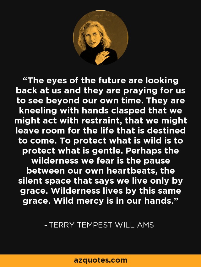 The eyes of the future are looking back at us and they are praying for us to see beyond our own time. They are kneeling with hands clasped that we might act with restraint, that we might leave room for the life that is destined to come. To protect what is wild is to protect what is gentle. Perhaps the wilderness we fear is the pause between our own heartbeats, the silent space that says we live only by grace. Wilderness lives by this same grace. Wild mercy is in our hands. - Terry Tempest Williams