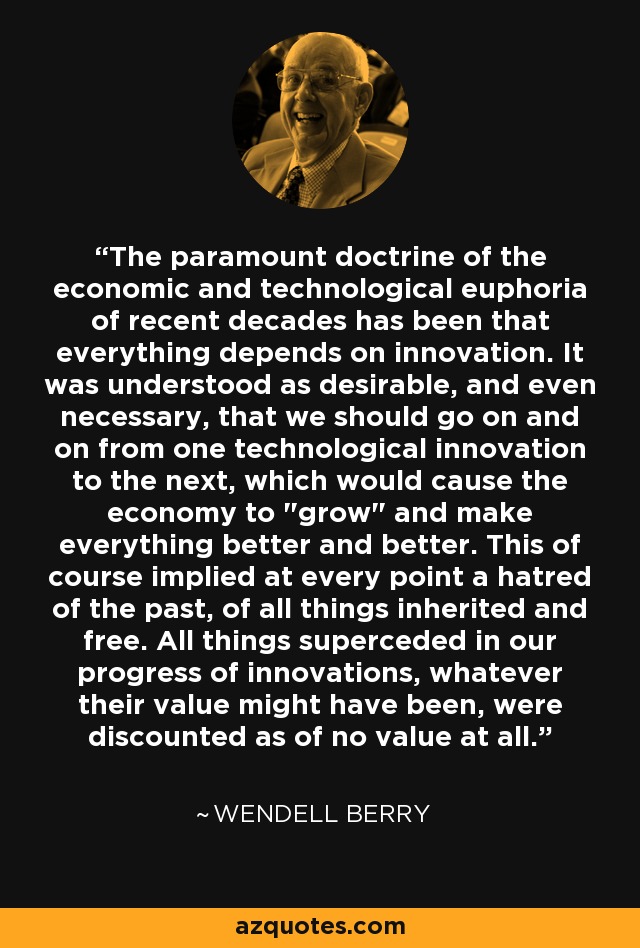 The paramount doctrine of the economic and technological euphoria of recent decades has been that everything depends on innovation. It was understood as desirable, and even necessary, that we should go on and on from one technological innovation to the next, which would cause the economy to 
