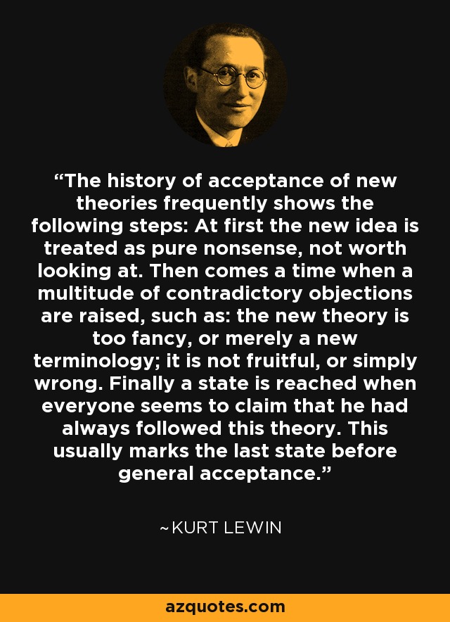 The history of acceptance of new theories frequently shows the following steps: At first the new idea is treated as pure nonsense, not worth looking at. Then comes a time when a multitude of contradictory objections are raised, such as: the new theory is too fancy, or merely a new terminology; it is not fruitful, or simply wrong. Finally a state is reached when everyone seems to claim that he had always followed this theory. This usually marks the last state before general acceptance. - Kurt Lewin