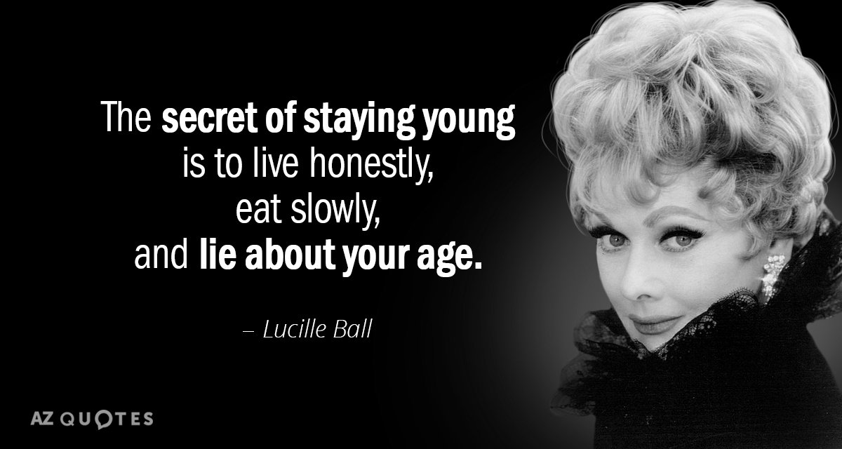 Lucille Ball cita: El secreto para mantenerse joven es vivir honestamente, comer despacio y mentir...